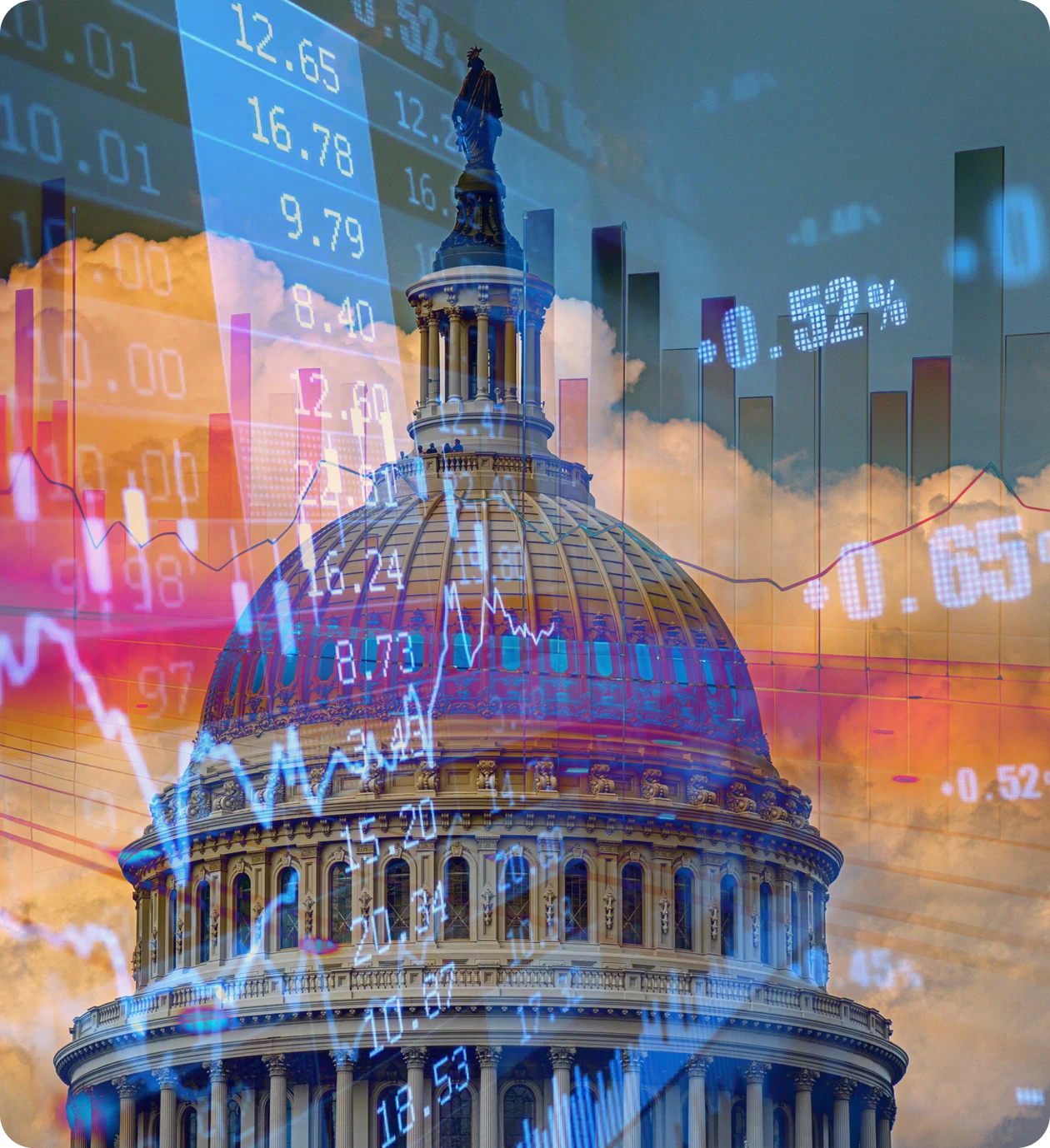 Capitol building with financial charts overlay